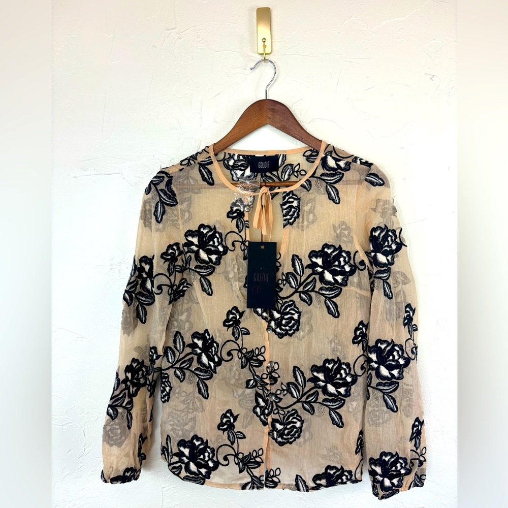 GOLDIE Women's Black Floral Flower Embroidery Sheer Blouse Cream Office Feminine - Picture 3 of 16